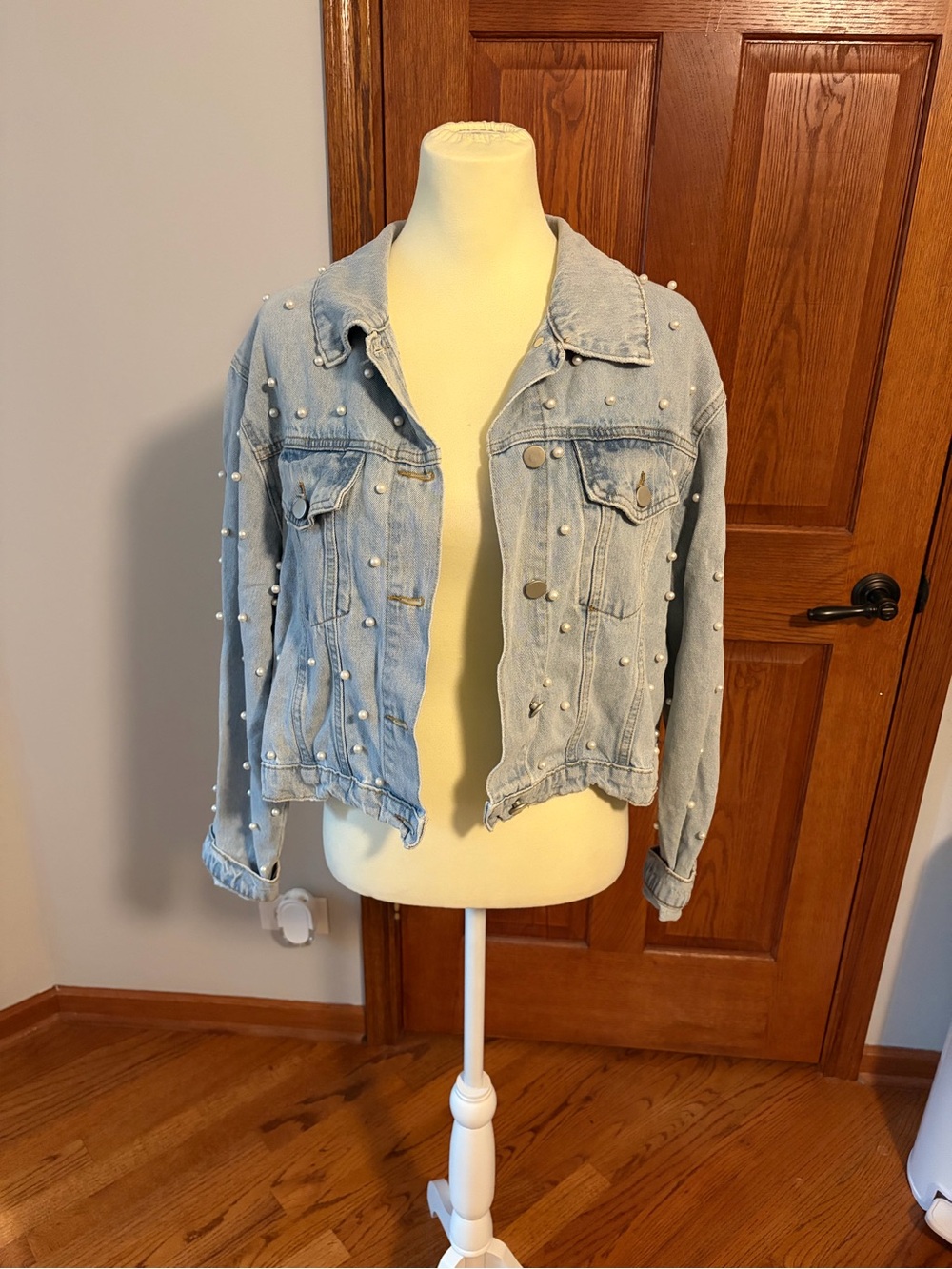 Baevely blue denim jacket with pearl embellishments, size L #pearl #embellished